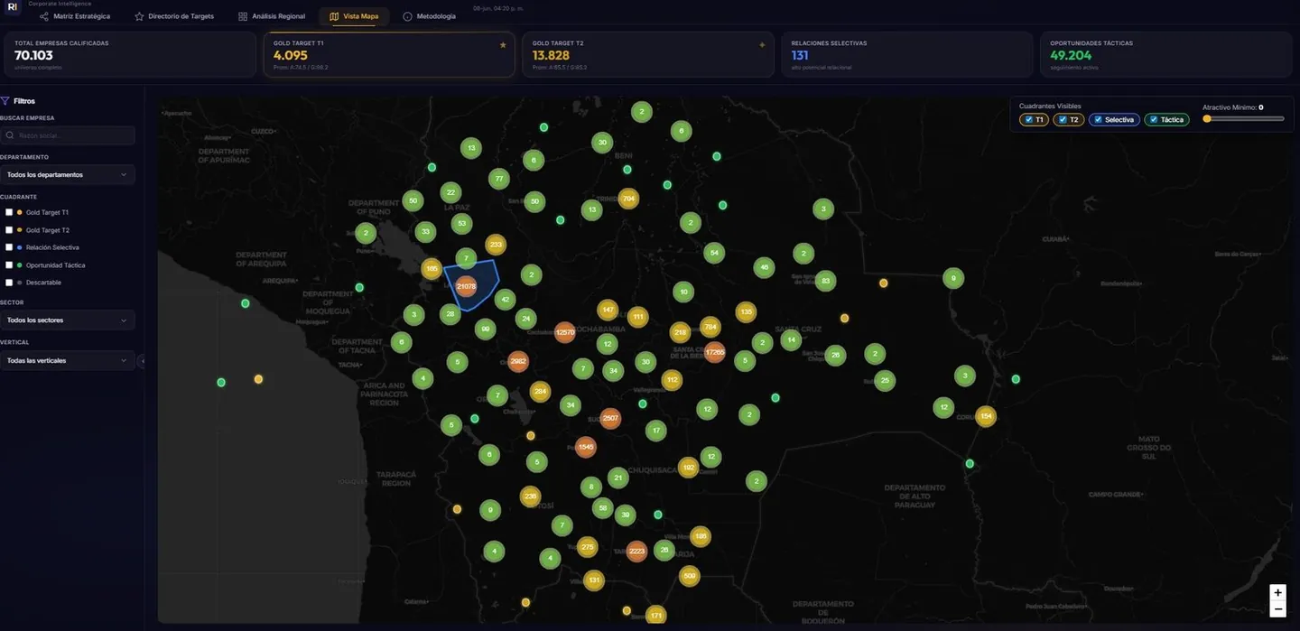 Vista geográfica de un sistema de inteligencia de mercado con distribución de empresas en Bolivia
